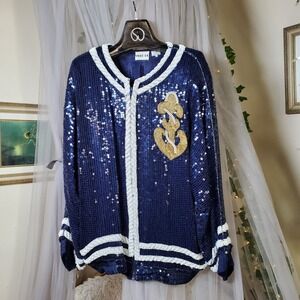 Swee Lo Vtg 1980s 100% Silk Nautical Sequin Zip Jacket Size XL New England Party